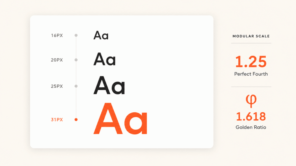 A type scale ladder showing sizes stepping up by ratio, with the golden ratio