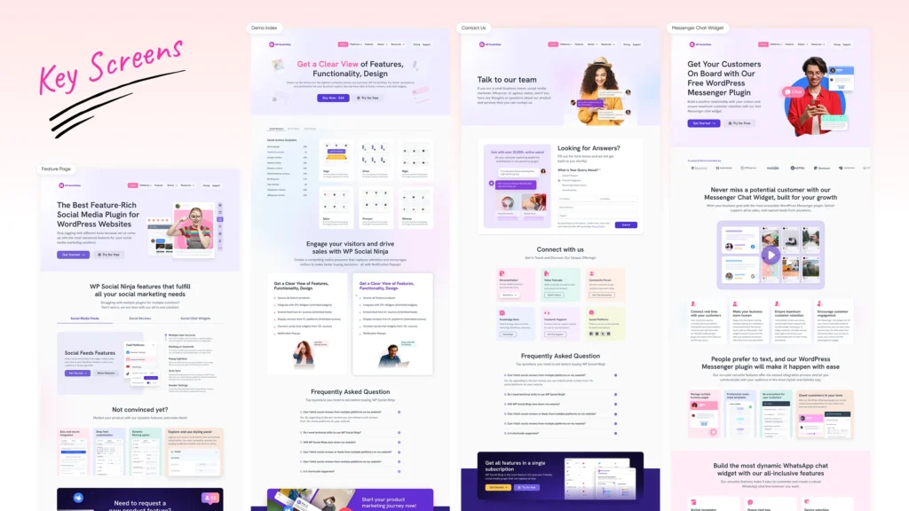 Three website sections sharing one type scale, spacing, and accent, showing consistency