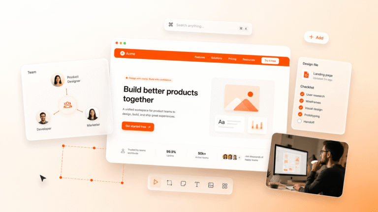Siloed hand-off chain versus a cross-functional design team, in brand colors